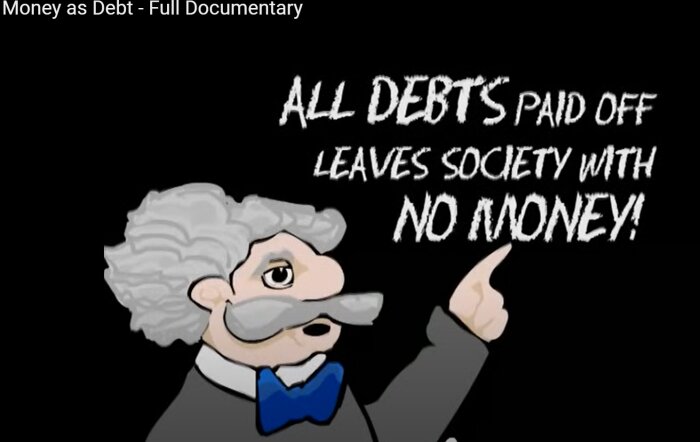 Illustration av figur med peruk som pekar på text "ALL DEBTS PAID OFF LEAVES SOCIETY WITH NO MONEY!