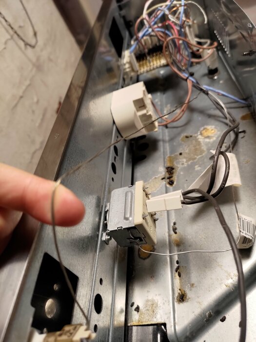 Elektriska kablar skadade av möss, två helt skalade omgivna av andra kablar och komponenter.