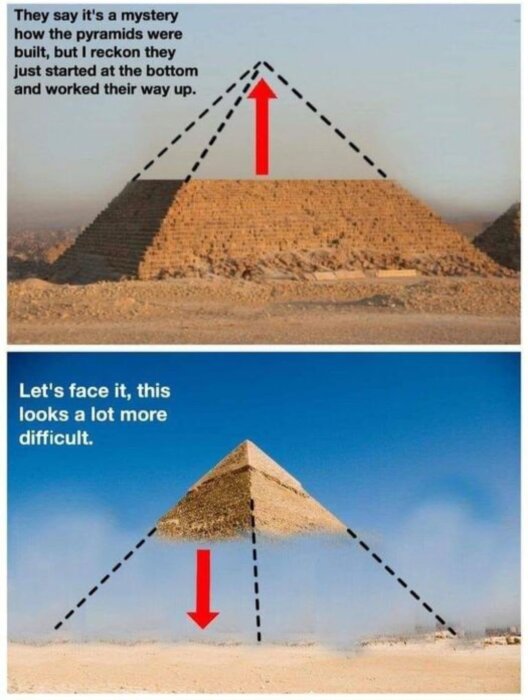 Två humoristiska bilder som jämför byggandet av pyramiderna; den övre visar den traditionella metoden, den undre ett omvänt pyramidbygge.