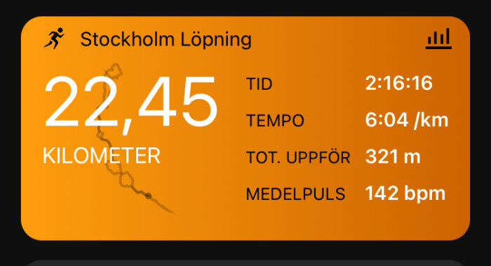 Löparapp gränssnitt med statistik från Stockholm löpning, visar distans, tid, tempo, total stigning och puls.