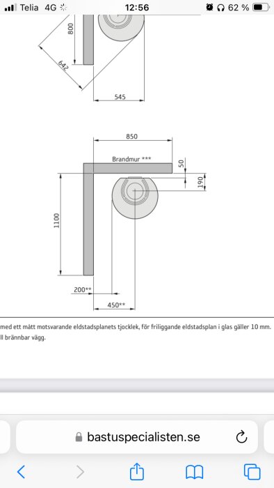 Ritning av en teknisk konstruktion för placering av kamin med måttangivelser och en brandvägg.