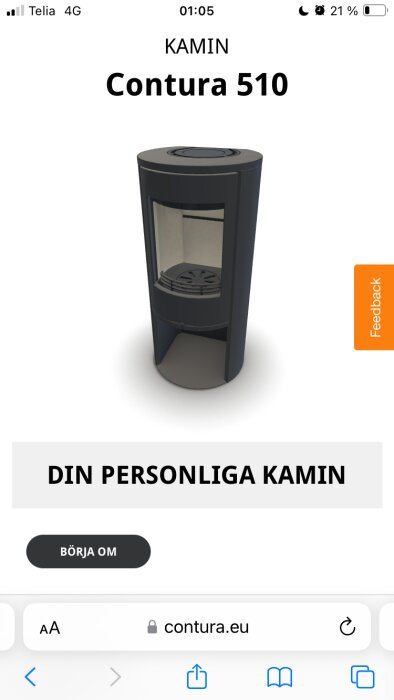 Fristående svart Contura 510 kamin modellvisning på en mobil enhet.