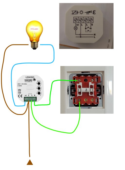 Illustration av anslutning av Vadsbo dimmer med nuvarande kablar och föreslagen kopplingsschema.