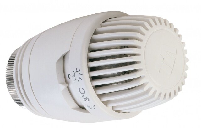 Vit TA termostat med M28 x 1,5 mm gänga för radiator, temperaturinställningar synliga.