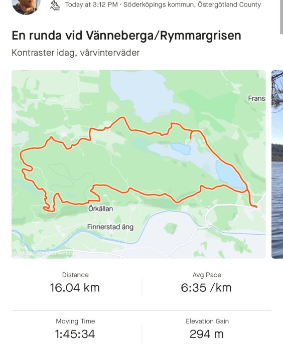 Skärmklipp av en karta som visar en löprunda med röd linje, 16.04 km lång, tid 1:45:34, tempo 6:35/km.