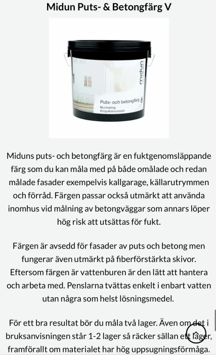 Burk med Midun Puts- & Betongfärg V mot vit bakgrund, informativ text om användningen av färgen på hinkens etikett.