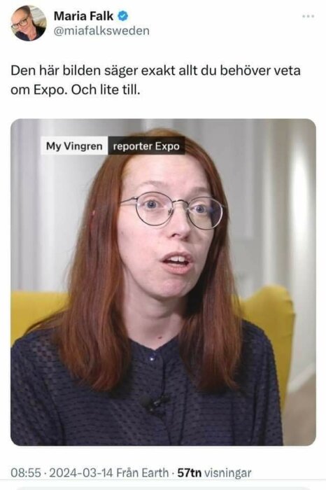 Kvinna med glasögon intervjuas, text på skärmen indikerar att hon är reporter för Expo.