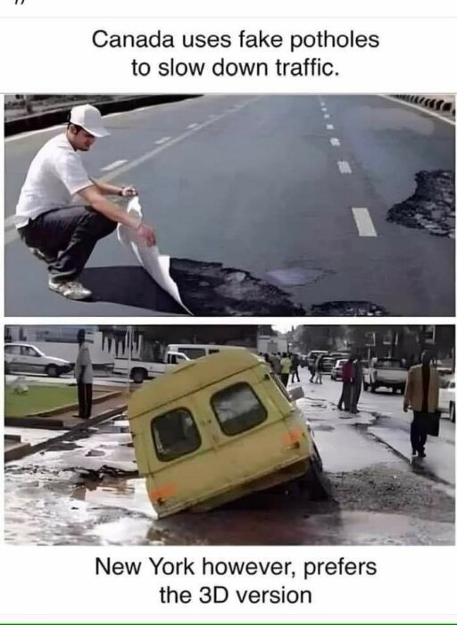 Övre bild visar en person som applicerar en optisk illusion av ett potthål på en väg. Nedre bild visar en bil i ett riktigt potthål på gatan.