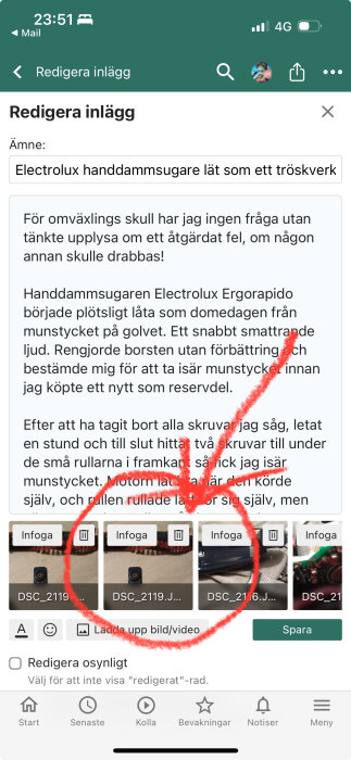 Skärmdump av ett foruminlägg om reparation av en Electrolux-dammsugare med redigeringsgränssnittet öppet.