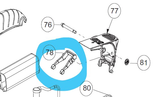 Exploded view diagram of a nail gun highlighting part number 78, the dosing arm, with correct orientation emphasized.