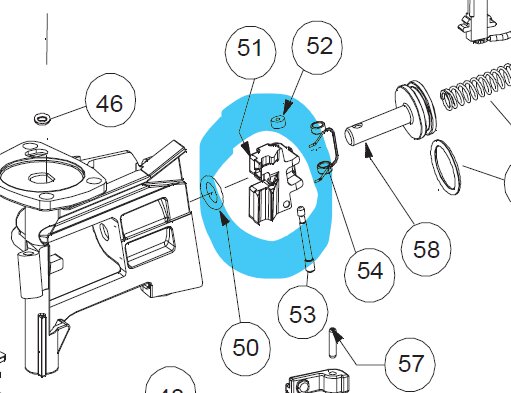 Exploded view diagram av en gaspistol med fokus på matarklacken nummer 51.