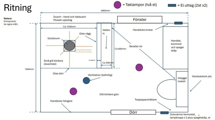 Ritning över badrum med udda mått, inkluderar dusch, handfat och toalett, samt detaljer som ventilation och belysning.