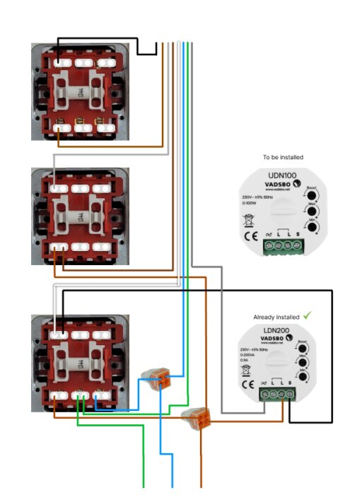 Elektriskt schema med anslutningar mellan två kopplingsdosor och en ny och redan installerad enhet.