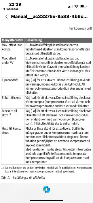 Skärmdump av en manual för inställningar till en uppvärmningsanläggning, med textdelar kring effekt och drift.