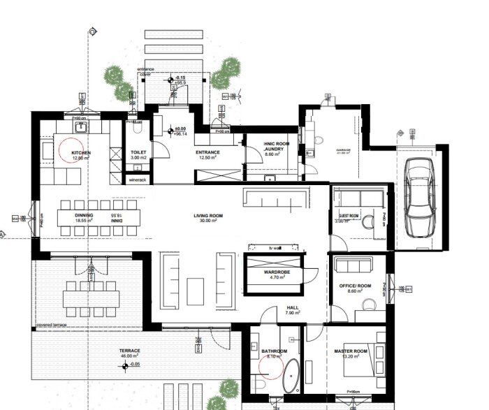 Svartvit ritning av en husplan med markerade rum som kök, vardagsrum och garage med bil inuti.