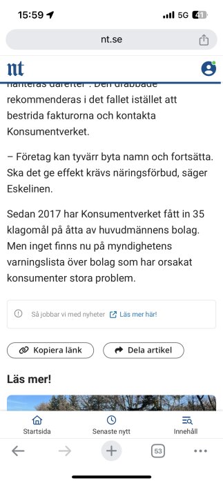 Skärmdump av en artikel på nt.se med information om klagomål och varningar relaterade till byggföretag.