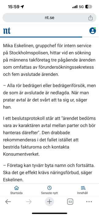 Skärmdump av en nyhetsartikel som diskuterar utredningar om bedrägeri relaterat till takföretag.