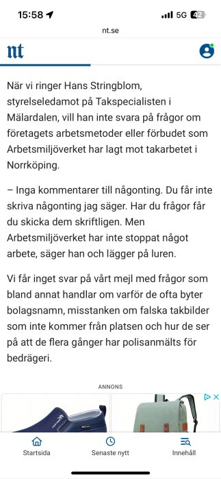 Skärmdump från nyhetsartikel om Hans Stringblom och Takspecialisten i Mälardalen med kommentarer om företagets tvivelaktiga metoder.