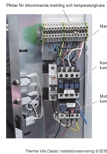 Elcentral med etiketterad plint för inkommande matning, temperaturgivare och motorskyddet märkt "K2".