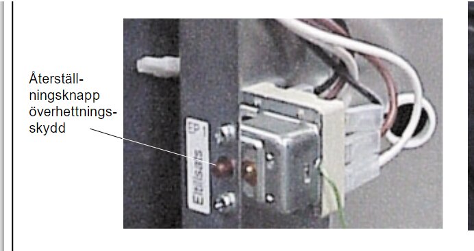 Återställningsknapp för överhettningsskydd på en elektrisk apparat med ledningar och komponenter.