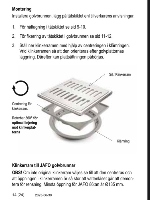 Illustration av montering för klinkerram till JAFO golvbrunn med sil, centreringsring och klämring.