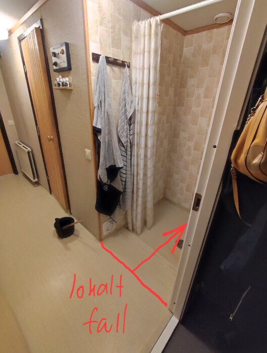 Badrumsinteriör med duschdraperi och markerat lågt fall på golvet med en röd pil och texten "lohält fall".