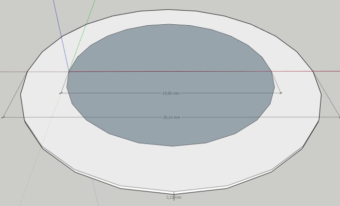 CAD-ritning av en ej rund mutter med angivna mått; 28,14 mm ytterdiameter, 19,98 mm innerdiameter och 3,12 mm tjocklek.