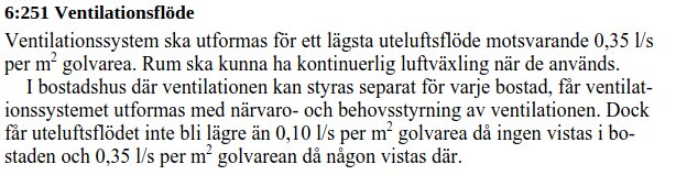 Skärmdump av text ur en byggnorm som handlar om minimikrav på ventilationsflöde i en bostad enligt punkt 6:251.