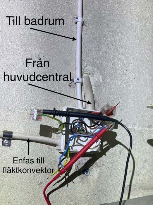 Elektrisk installation med mätning, kablage och märkning för badrum och huvudcentral.