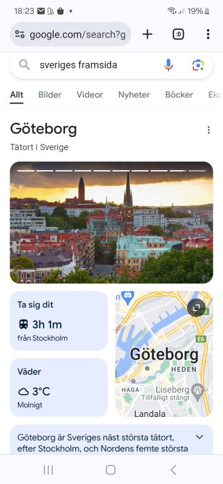 Skärmdump av en sökning på Göteborg med en bild av stadens silhuett vid solnedgång.