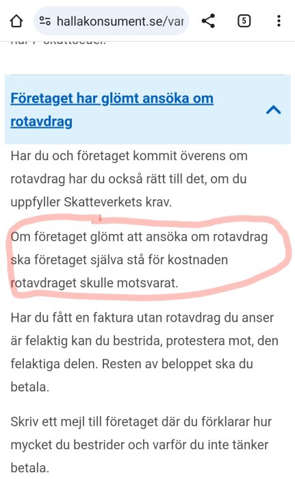 Skärmdump av webbsida med text om proceduren när företag glömt ansöka om rotavdrag.