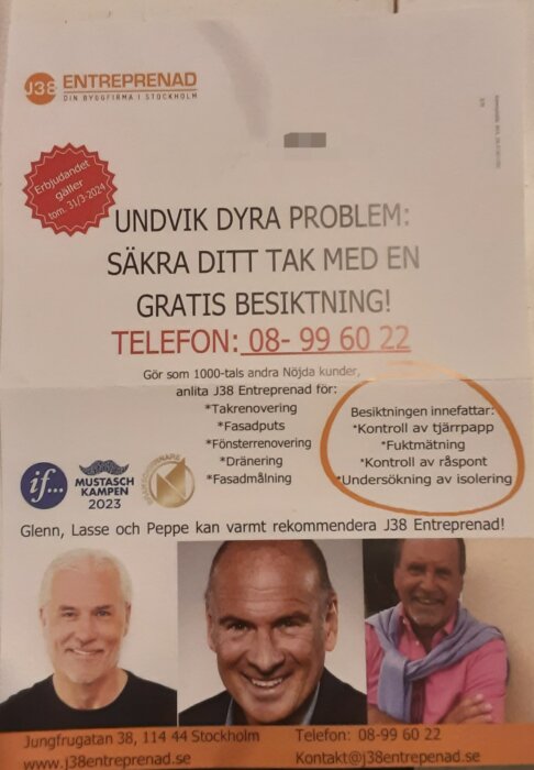 Reklamblad för J38 Entreprenad med text och bilder av tre leende män som rekommenderar företagets tjänster.