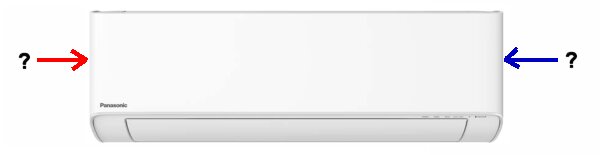 Panasonic luftvärmepumpens innedel med röd och blå frågetecken som representerar möjliga anslutningar.