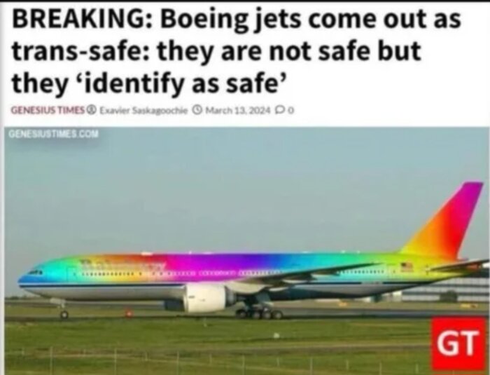 Flygplan på marken med en färgglad målning i regnbågens färger på kroppen.