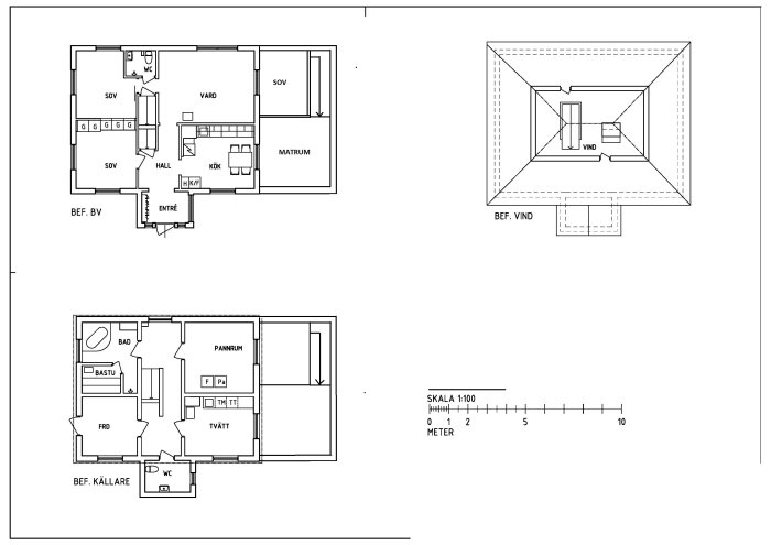 Arkitektritning av en husutbyggnad med befintliga och planerade våningar samt mätningsskala