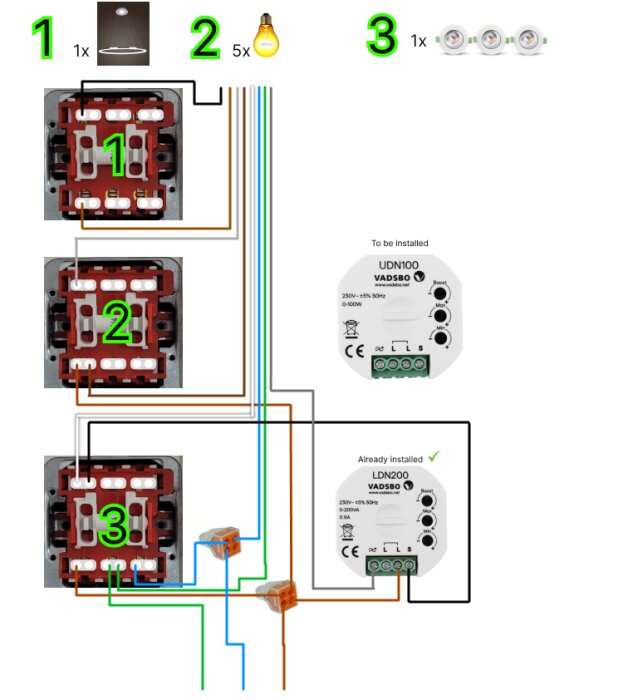 Elschema med tre strömbrytare anslutna till olika lampor: LED-ringlykta, 5 LED-lampor och 3 spotlights.