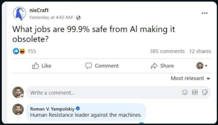 Skärmdump av social media inlägg med diskussion om arbeten säkra från AI, inklusive kommentar om människans motstånd mot maskiner.