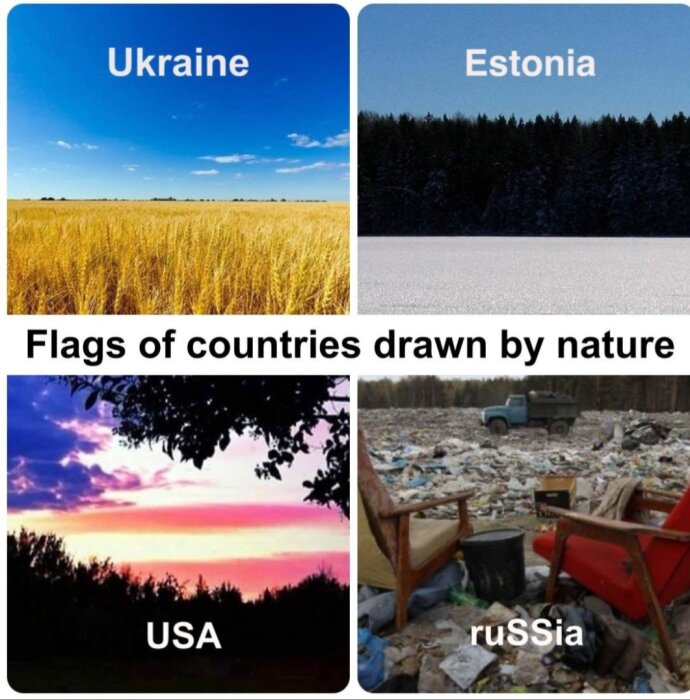 Collage av naturbilder som liknar flaggor för Ukraina, Estland, USA och rörigt skräp för Ryssland.