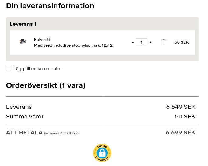 Skärmbild av en orderöversikt visar totalpris på 6 699 SEK för en kulkranventil inklusive frakt.