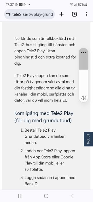 Skärmdump som visar steg för att komma igång med Tele2 Play-appen för gratis TV-kanaler.