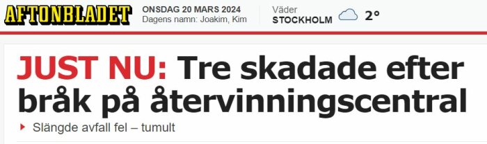 Skärmdump från Aftonbladet med nyhetsrubrik om tre skadade efter bråk på en återvinningscentral.