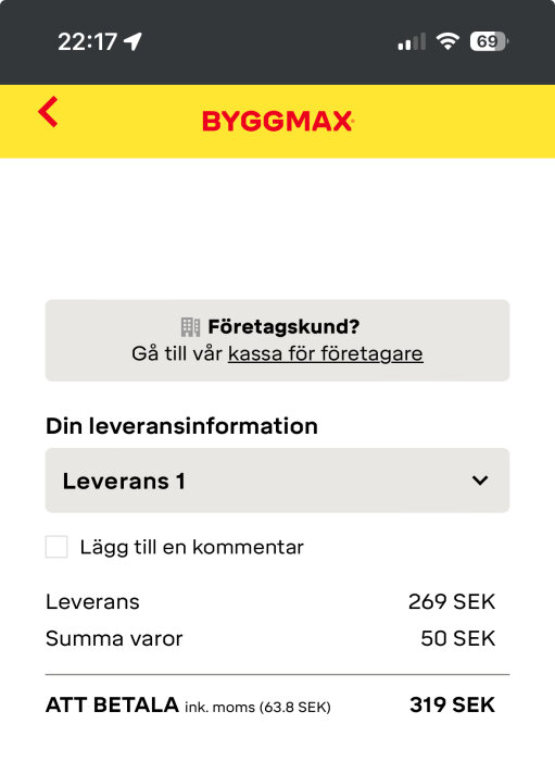 Skärmdump av Byggmax kassavy med leveransinformation och en hemleveranskostnad på 269 SEK.