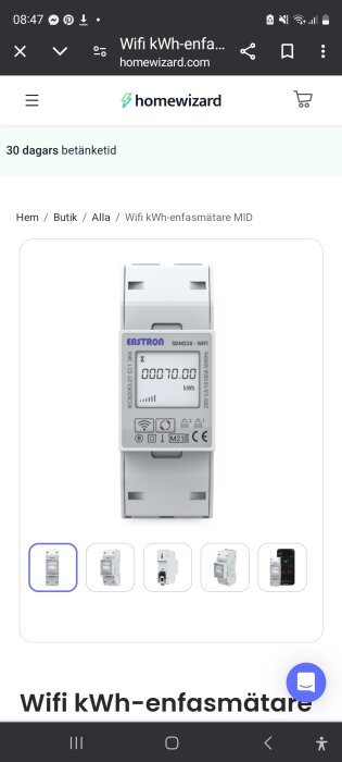 WiFi-försedd enfas elmätare från Eastron (SDM230) för hus-användning, visas på webbsida.