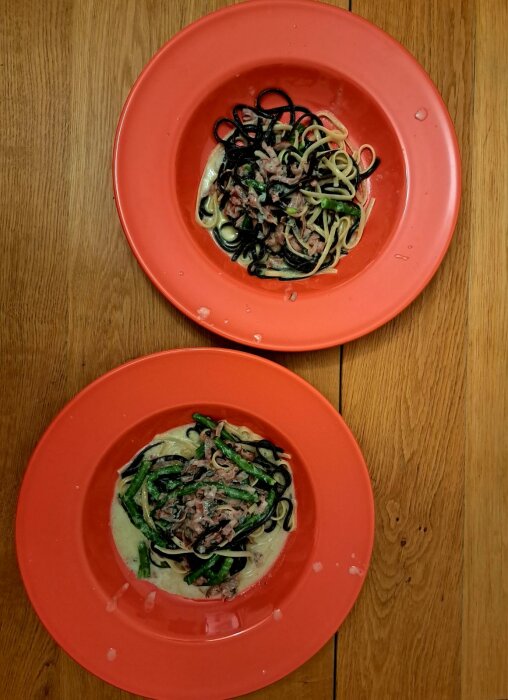 Två tallrikar med pasta, bönor och skink-strimlor på ett träbord inför italiensk temavecka.