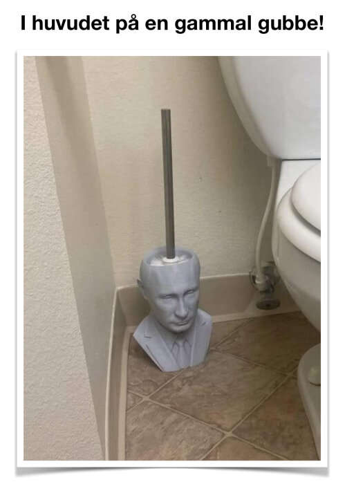 Toalettborste placerad i en behållare formad som ett manshuvud intill en toalett.