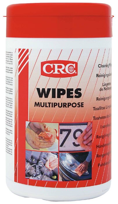 Burk med CRC Multipurpose Cleaning Wipes visande exempel på användning för rengöring av händer och ytor.