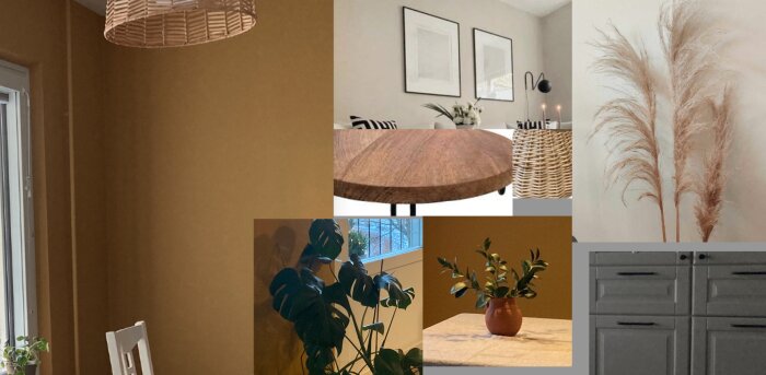 Collage med interiörbilder: gul vägg, rottinglampa, vardagsrum med tavlor, bord och korg, pampasgräs och köksskåp.