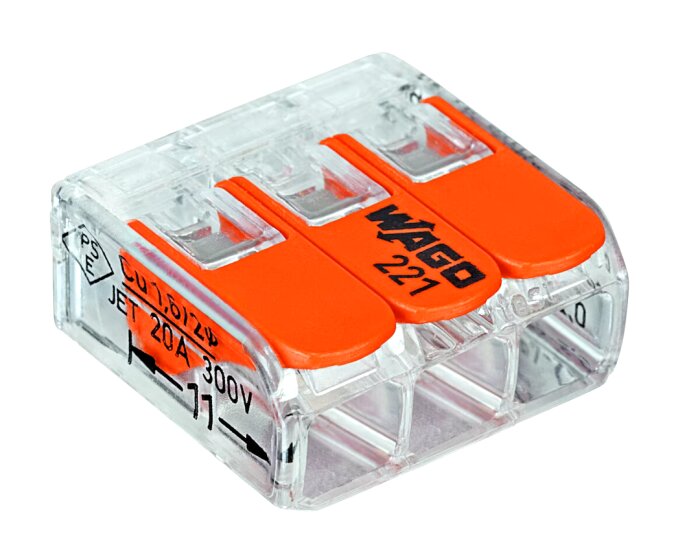 Transparent WAGO kabelklämma med orange spakar för elektriska kopplingar.