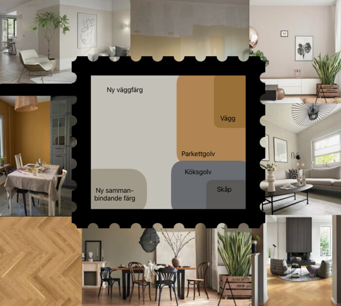 Kollage av inredningsbilder med olika färgkombinationer för väggar och golv i ett hem.