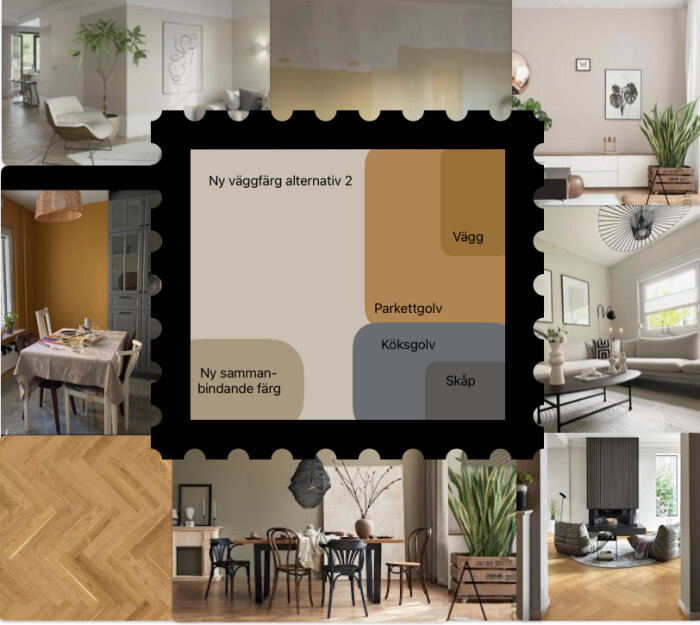 Collage av inredningsbilder som visar olika rum med förslag på två väggfärger och golvtyper, indikerat med färgprover och textetiketter.